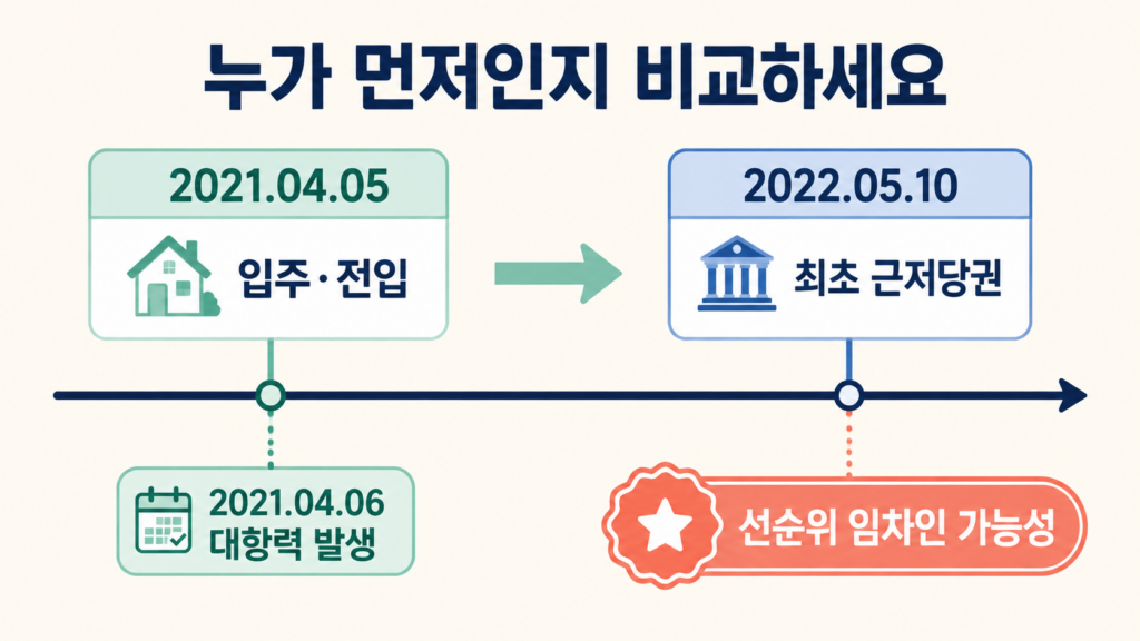 임차인 대항력 발생일과 최초 근저당권 날짜 비교